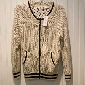 SugarLips Cream Zip-Front Knit Sweater with Black Trim and Polka Dot Lining